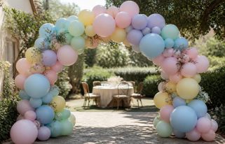 sublimez votre événement avec une arche de ballons pastel pour un décor chic et convivial, créant une ambiance mémorable et festive.