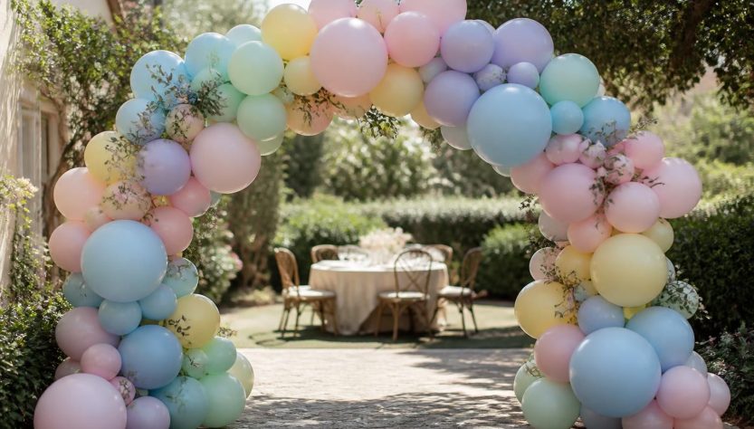 sublimez votre événement avec une arche de ballons pastel pour un décor chic et convivial, créant une ambiance mémorable et festive.