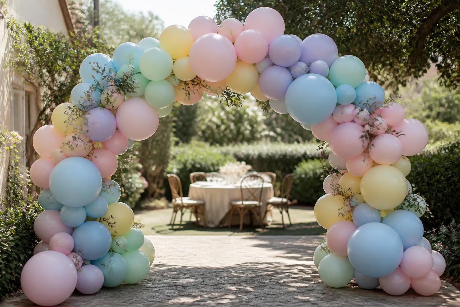 sublimez votre événement avec une arche de ballons pastel pour un décor chic et convivial, créant une ambiance mémorable et festive.
