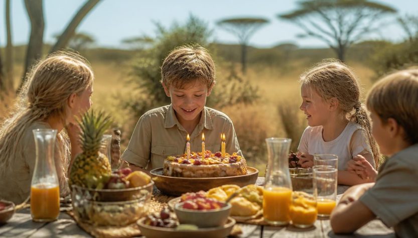 célébrez un anniversaire d'enfant unique dans la savane africaine, où saveurs exotiques et couleurs vibrantes invitent à l'aventure et à la découverte.