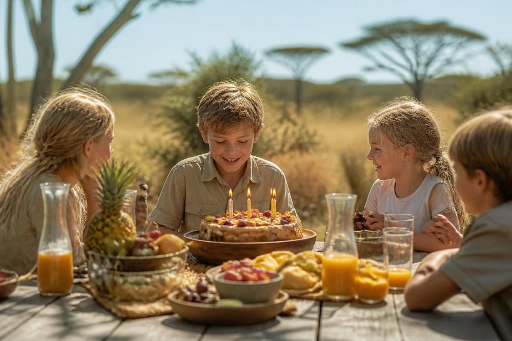 célébrez un anniversaire d'enfant unique dans la savane africaine, où saveurs exotiques et couleurs vibrantes invitent à l'aventure et à la découverte.