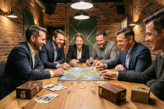Collègues adultes collaborant dans une salle d'escape game pour un anniversaire d'entreprise