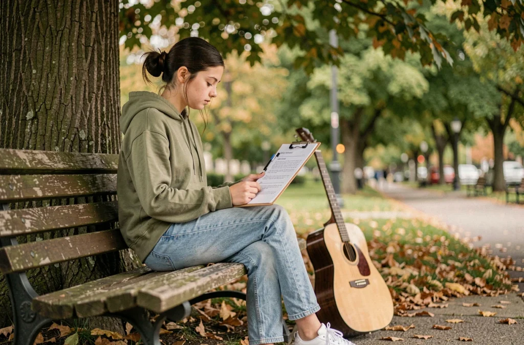 Adolescente étudiant des paroles de chanson avec sa guitare acoustique posée sur un banc dans un parc en automne