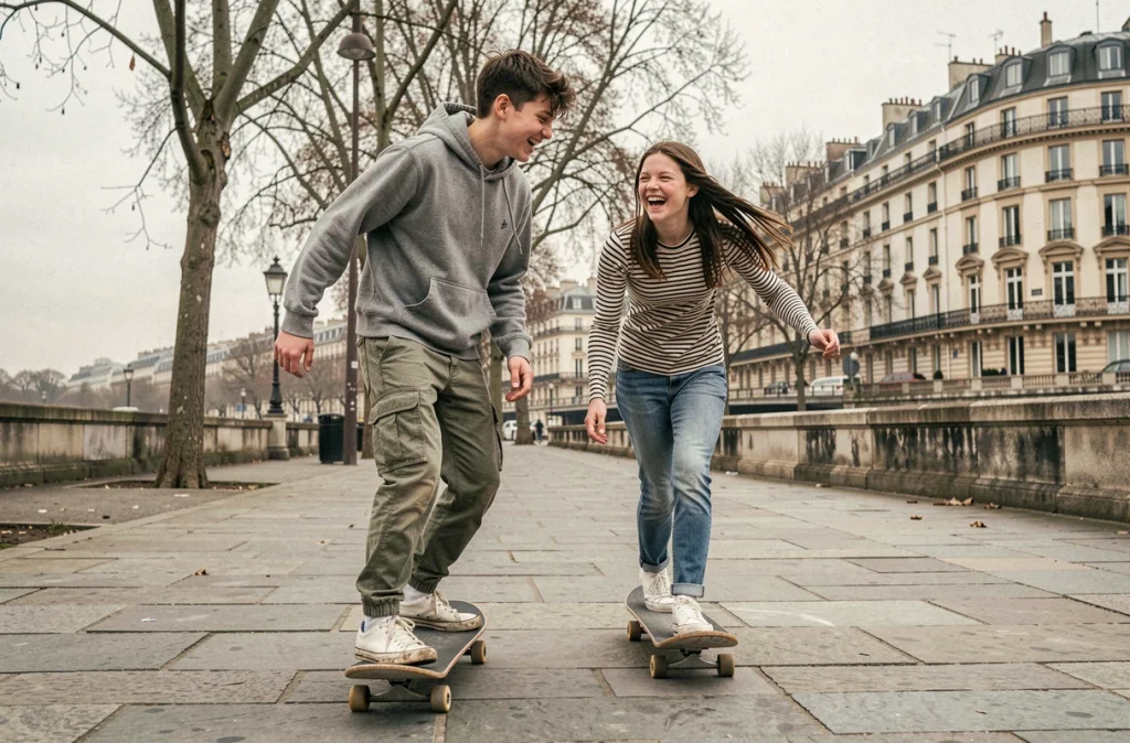Adolescents faisant du skateboard au bord de la Seine à Paris lors d'une sortie en famille le week-end
