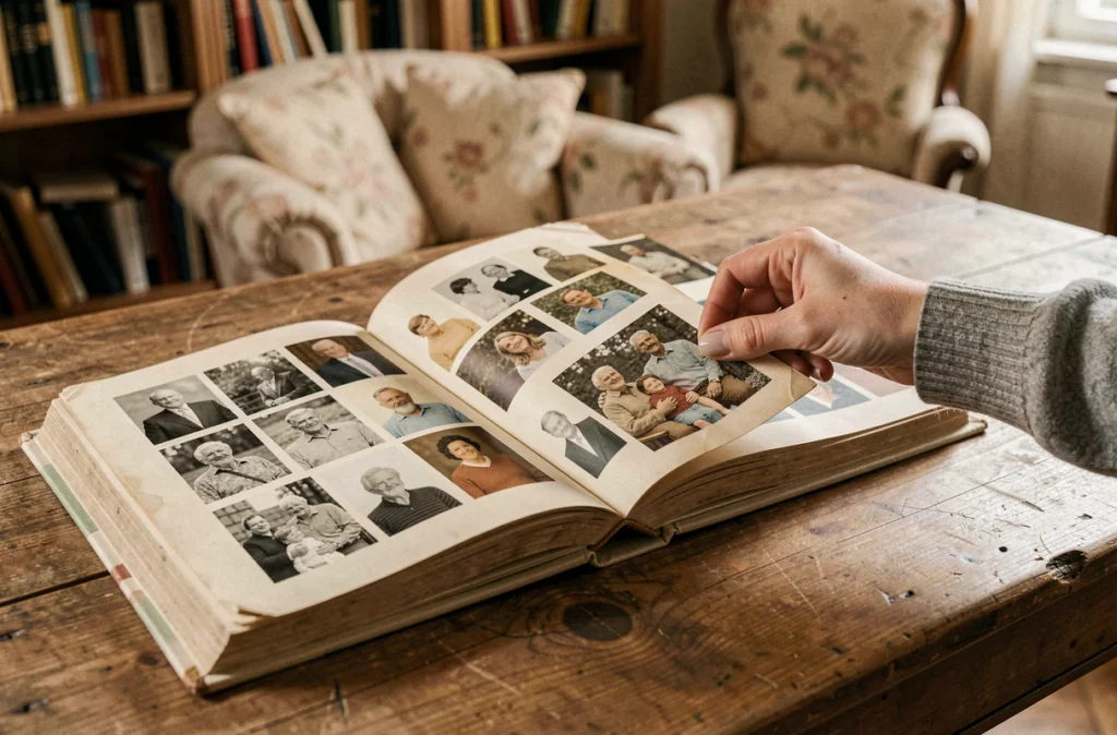 Album photo de famille ouvert sur une table en bois, avec des photos d'époque évoquant l'histoire familiale à travers les générations