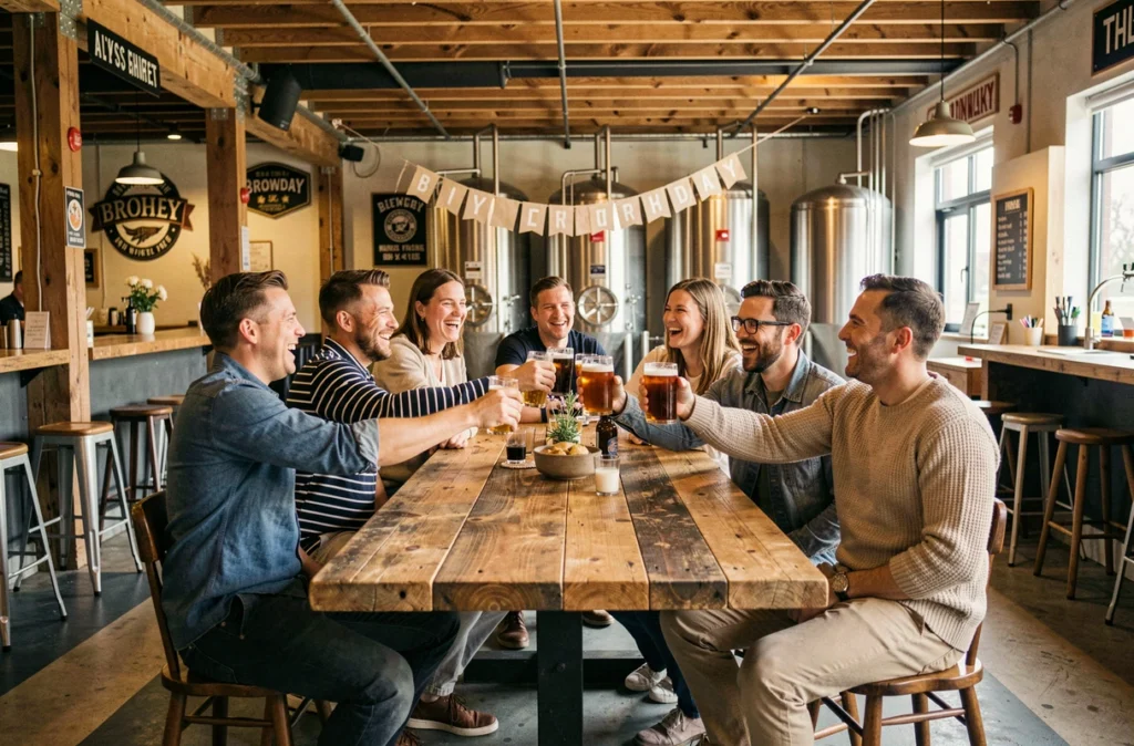 Groupe de collègues adultes fêtant un anniversaire dans une brasserie artisanale avec bonne humeur