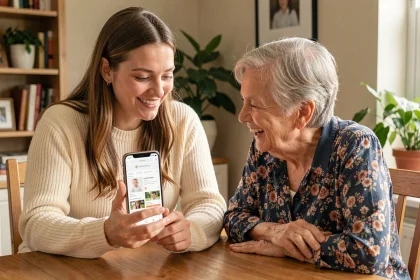 Jeune femme montrant sa liste de naissance minipouce sur smartphone à sa mère lors d'un moment familial chaleureux à la maison