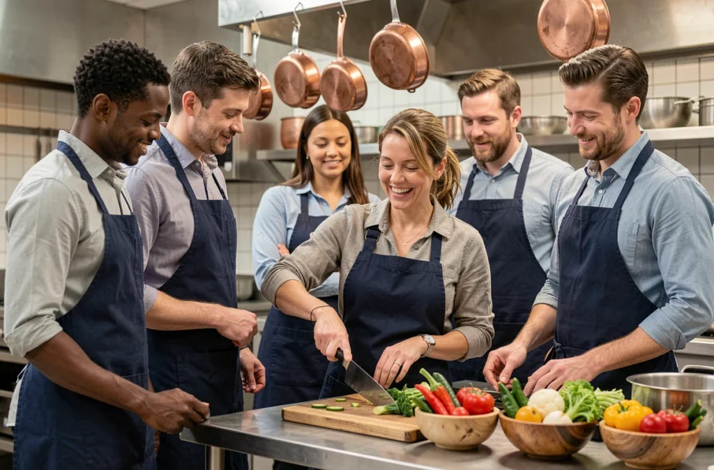 Collègues adultes participant à un atelier de cuisine pour célébrer un anniversaire entre collègues