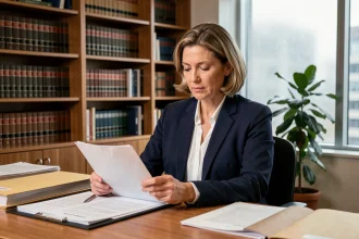 Avocate examinant des documents juridiques liés à une procédure de garde d'enfant dans un bureau professionnel