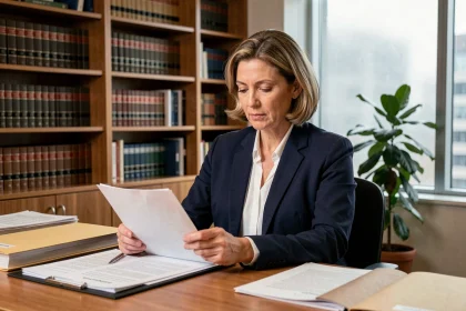Avocate examinant des documents juridiques liés à une procédure de garde d'enfant dans un bureau professionnel