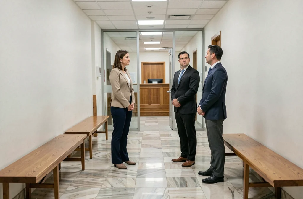 Couloir de tribunal familial avec deux parents séparés et leurs avocats lors d'une audience de garde