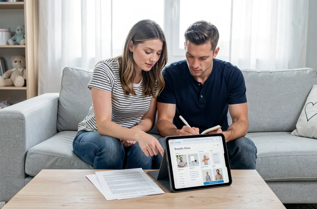Couple préparant et organisant leur liste de naissance minipouce ensemble sur tablette dans leur salon moderne