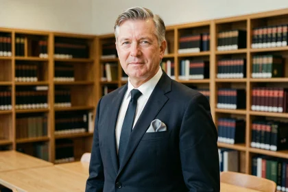 Portrait d'un criminologue reconnu dans un amphithéâtre universitaire entouré de livres de droit