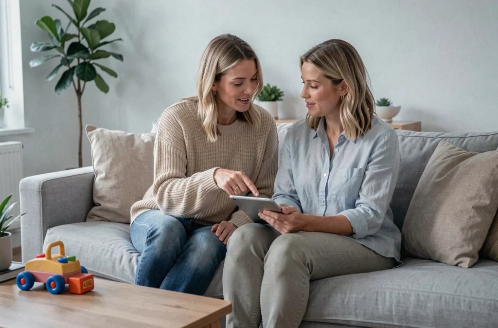 Deux mamans discutant d'un programme en ligne sur une tablette dans un salon familial contemporain