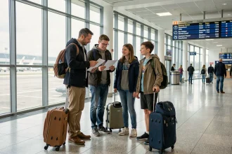 Famille britannique avec valises dans un aéroport peu fréquenté pendant les vacances scolaires hors période de pointe en Angleterre
