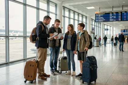 Famille britannique avec valises dans un aéroport peu fréquenté pendant les vacances scolaires hors période de pointe en Angleterre