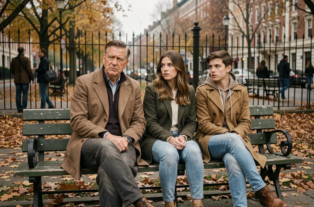 Père et deux jeunes adultes assis sur un banc de parc en automne avec une tension émotionnelle subtile, illustrant les répercussions familiales d'affaires judiciaires publiques