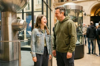 Père et fille adolescente visitant un musée interactif à Paris pendant un week-end en famille