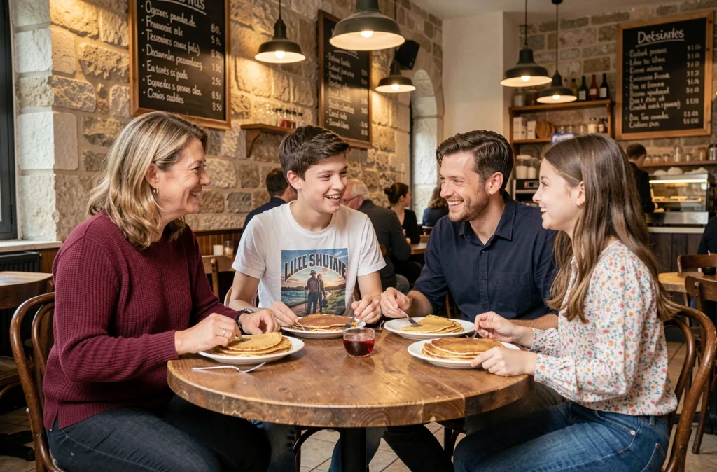 Famille avec deux adolescents partageant des crêpes dans un restaurant parisien typique le week-end