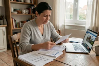 Femme frustrée qui examine des documents administratifs de la CAF sur une table de cuisine, illustrant les erreurs lors d'un changement de caisse d'allocations familiales