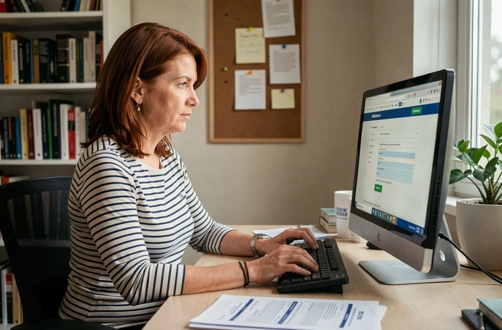 Femme concentrée qui remplit un formulaire en ligne pour un changement de caisse d'allocations familiales sur son ordinateur de bureau à domicile