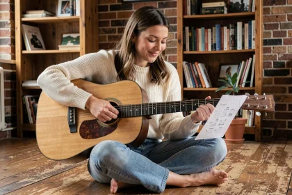 Jeune femme jouant des accords de guitare acoustique avec une partition de chansons pour enfants posée au sol
