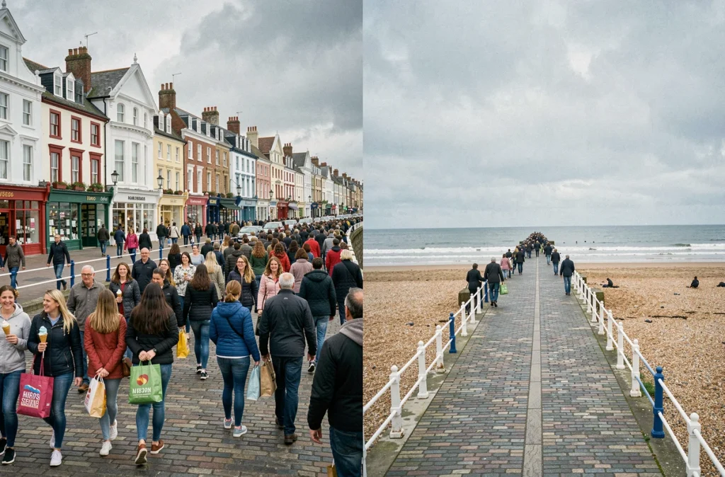 Promenade balnéaire anglaise contrastant foule de touristes en période scolaire chargée et calme hors vacances scolaires