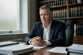 Homme d'âge mûr assis à un bureau couvert de documents juridiques dans un bureau privé, expression préoccupée évoquant des affaires judiciaires complexes