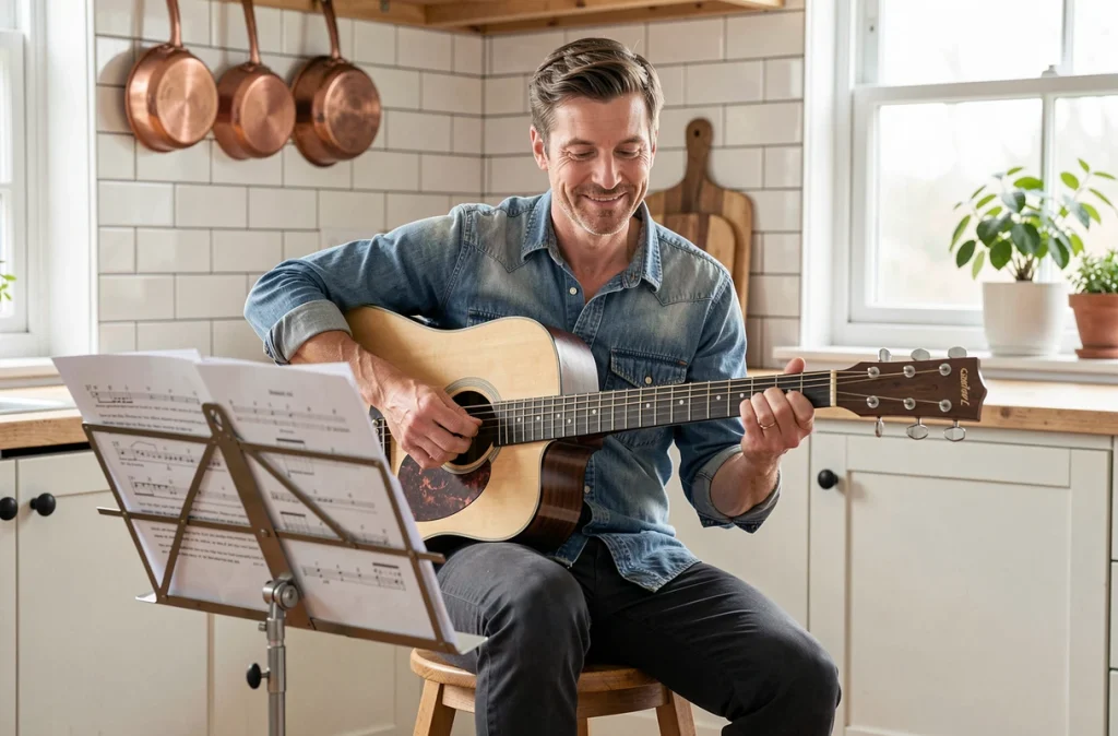 Homme adulte jouant de la guitare acoustique avec partition et accords faciles dans une cuisine rustique