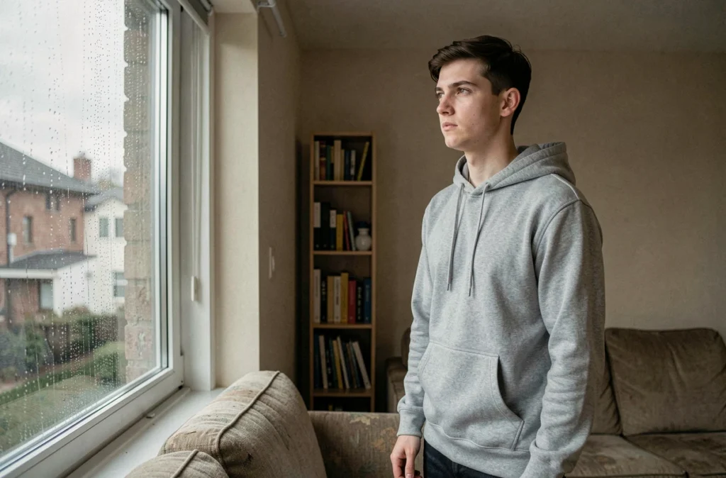 Jeune adulte regardant par une fenêtre pluvieuse dans un appartement modeste, expression mélancolique illustrant l'impact familial des affaires judiciaires