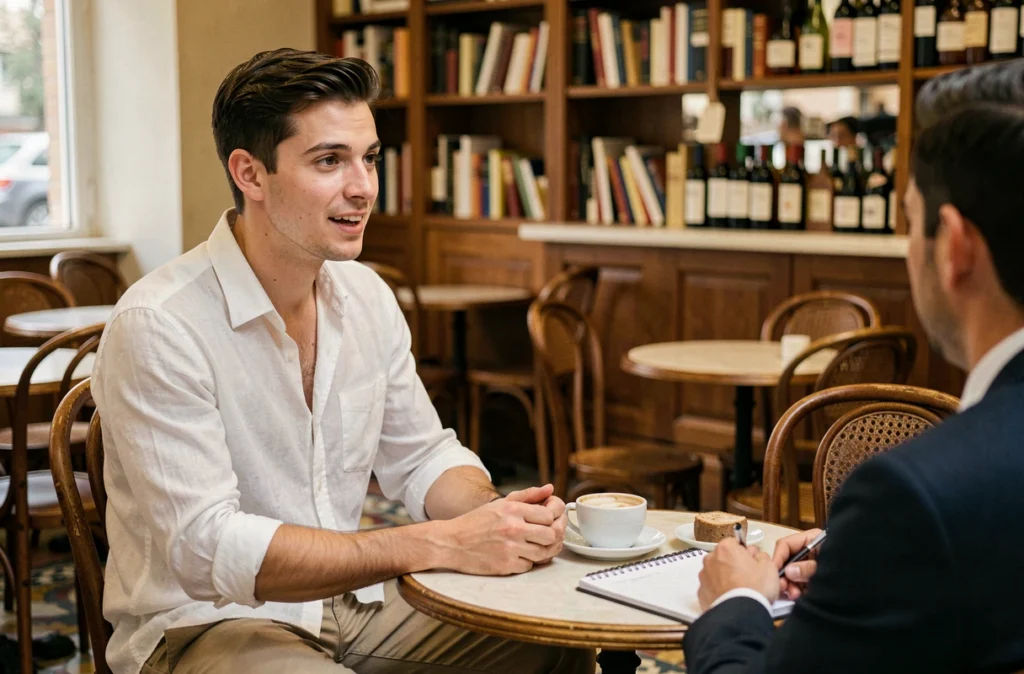 Jules Torres en interview dans un café parisien, évoquant sa vie personnelle et son compagnon lors d'une rencontre journalistique