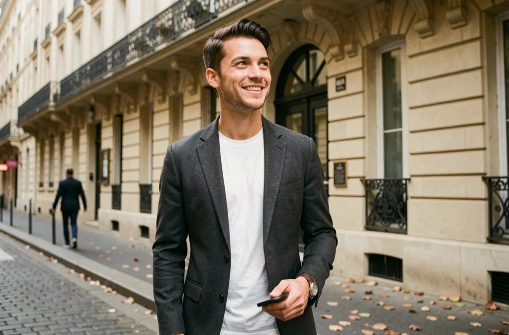 Portrait en extérieur de Jules Torres devant un immeuble haussmannien à Paris, capturant son style et sa personnalité pour la presse people