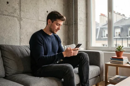 Jeune homme consultant son smartphone dans un appartement parisien contemporain, illustrant la présence sur les réseaux sociaux de Jules Torres