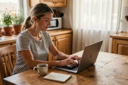 Maman trentenaire consultant un site web sur son ordinateur portable dans une cuisine familiale chaleureuse