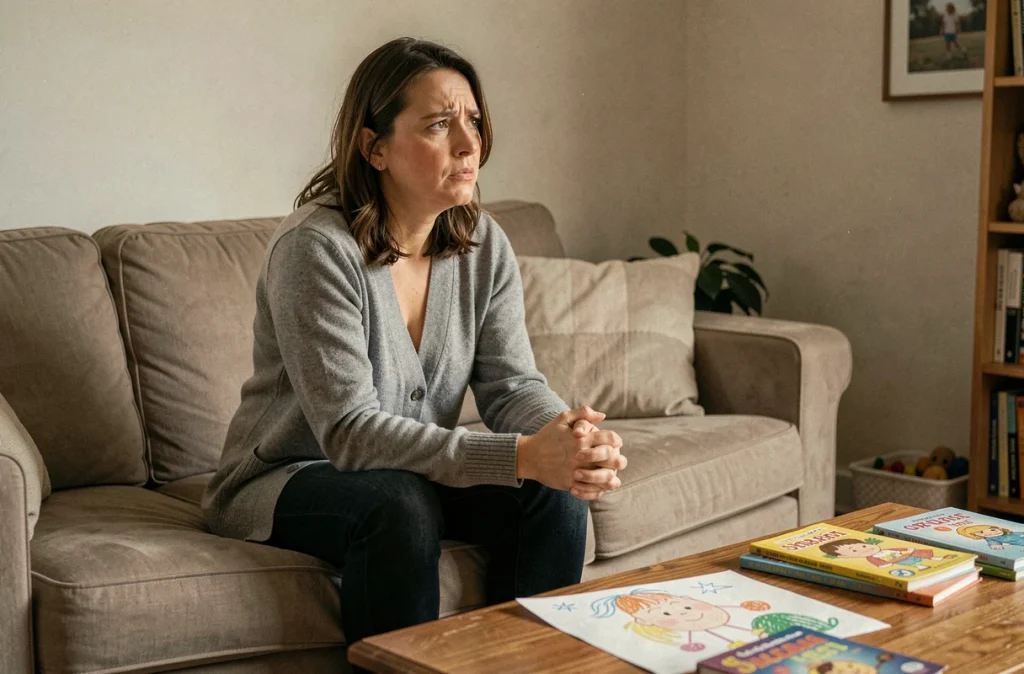 Mère pensive assise dans un salon familial avec des dessins d'enfants visibles, évoquant une situation de garde