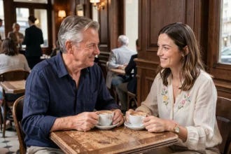 Un homme et une femme partageant un moment de complicité dans un café parisien, évoquant une relation familiale chaleureuse dans un cadre authentique