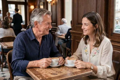 Un homme et une femme partageant un moment de complicité dans un café parisien, évoquant une relation familiale chaleureuse dans un cadre authentique