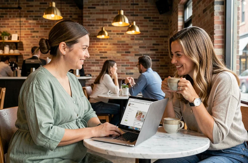 Femme enceinte présentant sa liste de naissance minipouce en ligne à une amie dans un café moderne et convivial