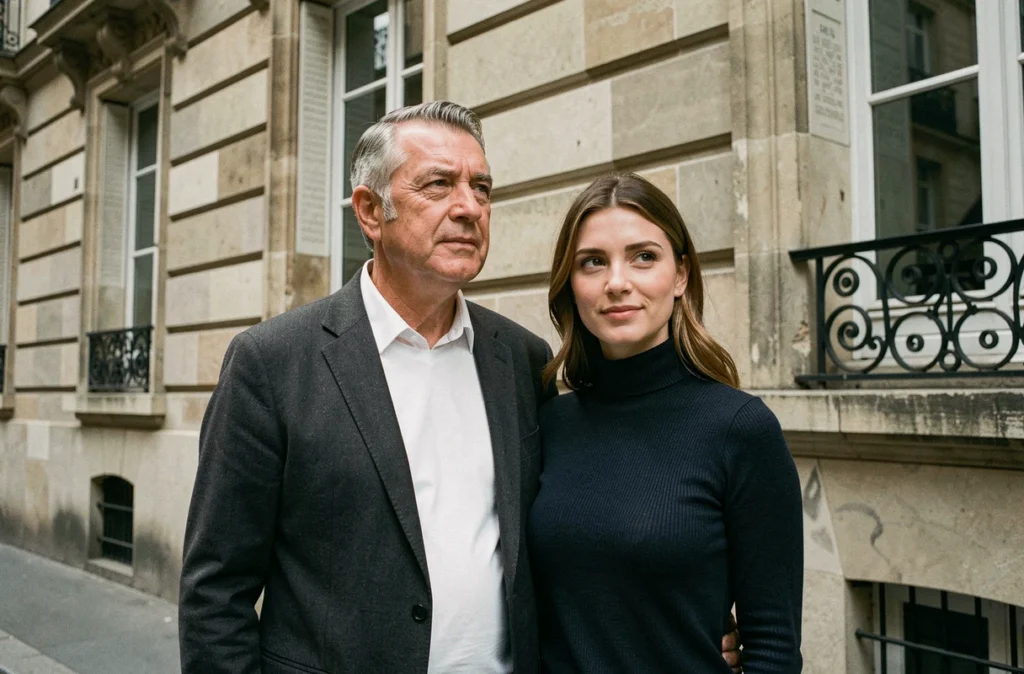 Portrait d'un homme et d'une jeune femme devant un immeuble haussmannien parisien, illustrant un lien familial fort dans un contexte urbain élégant