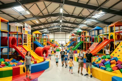 Vue panoramique d'une aire de jeux couverte dans le Grand Est avec structures colorées et familles