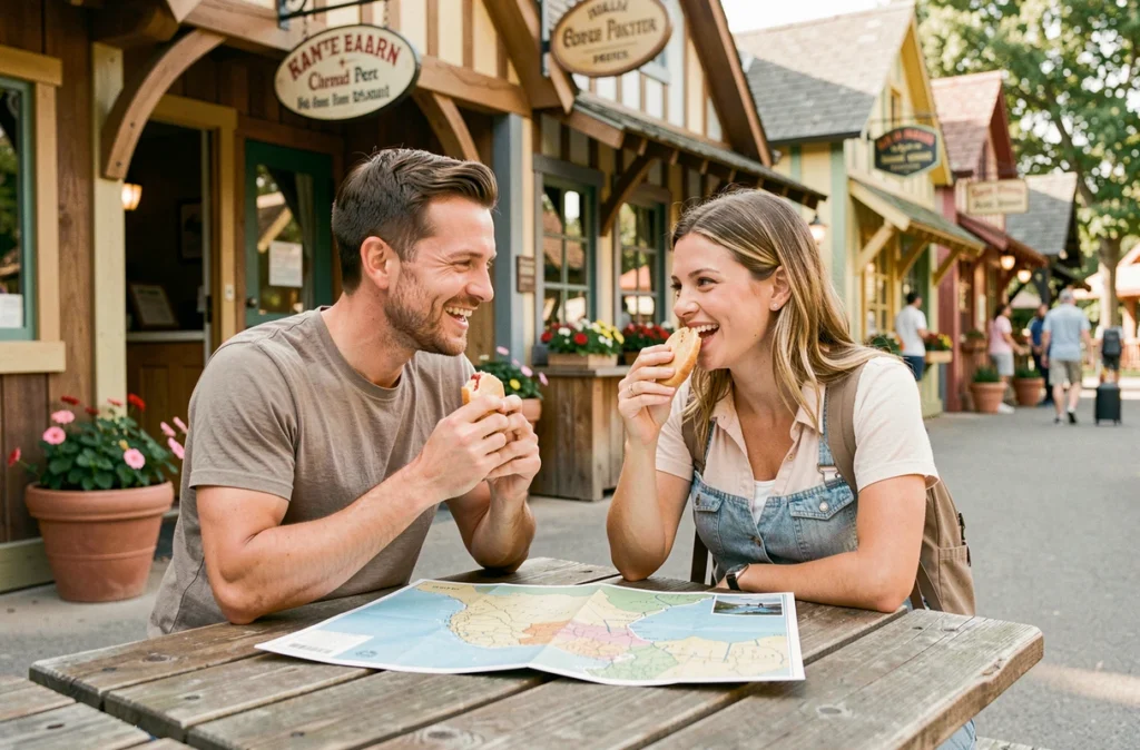 Couple en escapade d'une journée dans un parc d'attractions proche de Lyon consultant leur plan autour d'une collation
