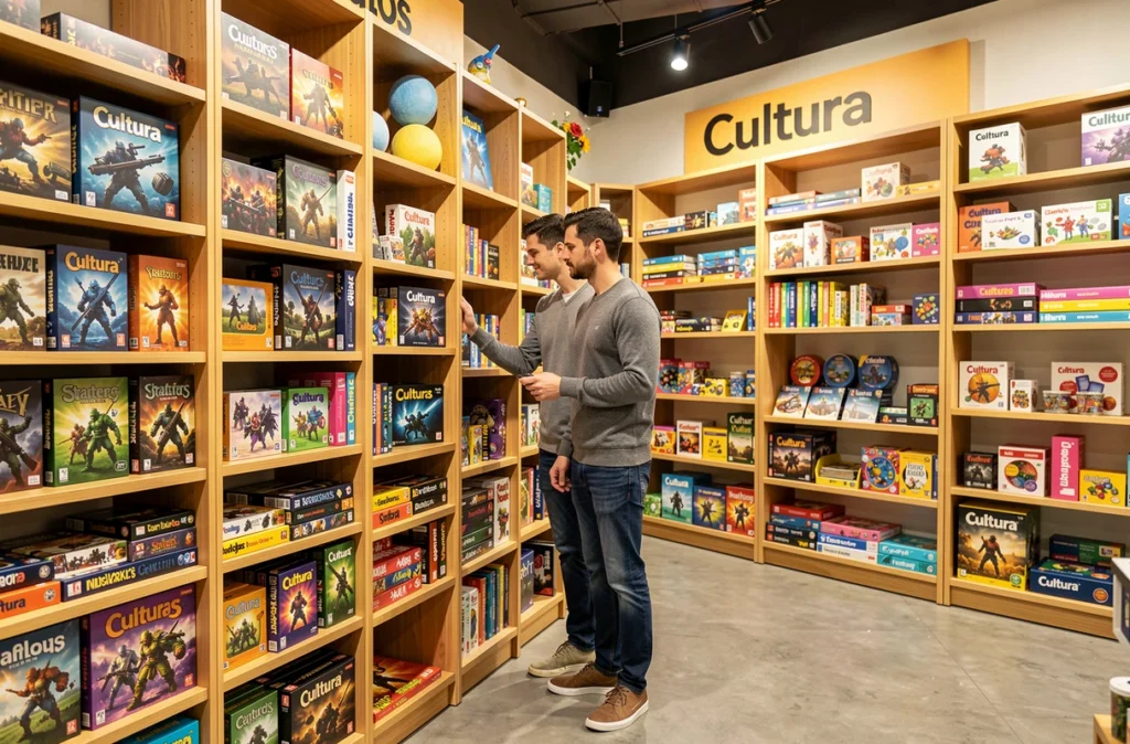 Couple découvrant le rayon jeux de société et loisirs créatifs du magasin Cultura d'Englos