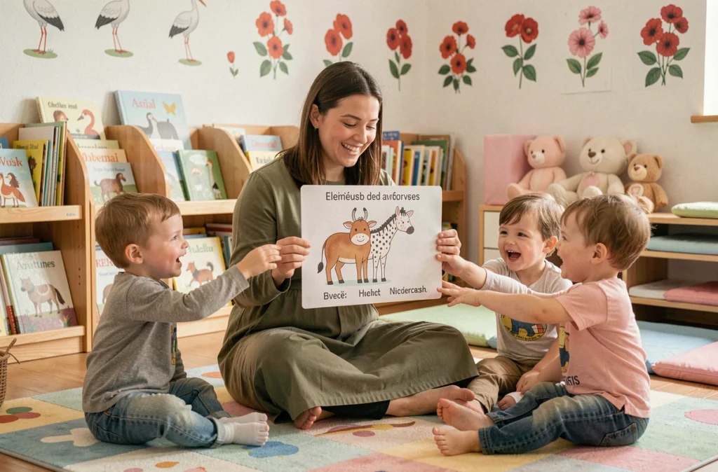 Une enseignante de l'école maternelle Camille Claudel à Obernai présentant une carte bilingue à ses élèves