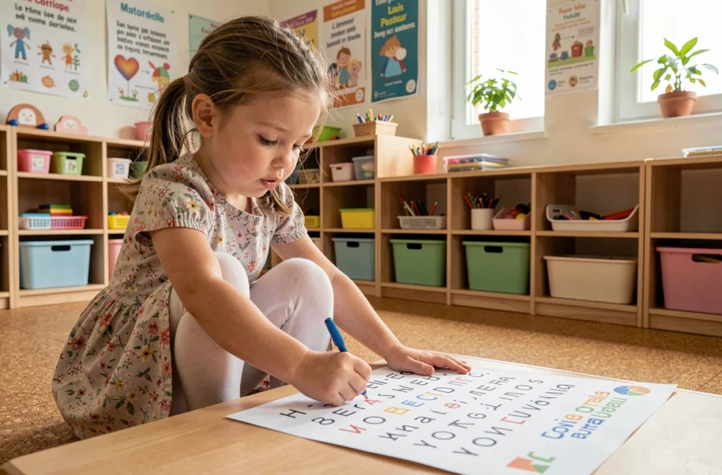 Une petite élève de l'école maternelle Louis Pasteur à Strasbourg recopiant des lettres d'un alphabet bilingue