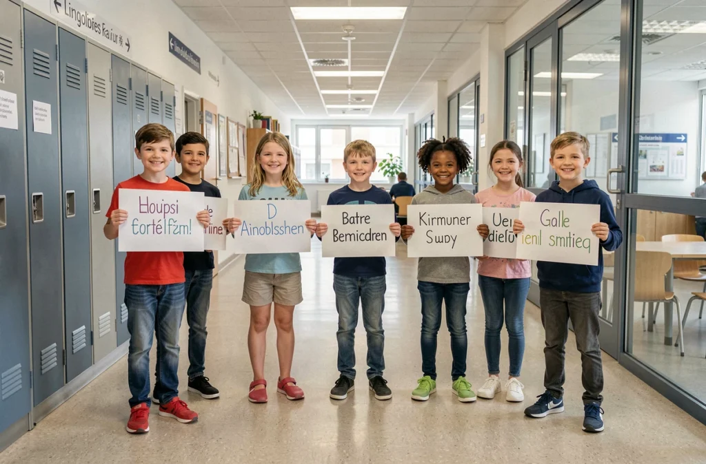 Des élèves du groupe scolaire l'Avenir à Lingolsheim présentant leurs affiches de vocabulaire bilingue dans le couloir