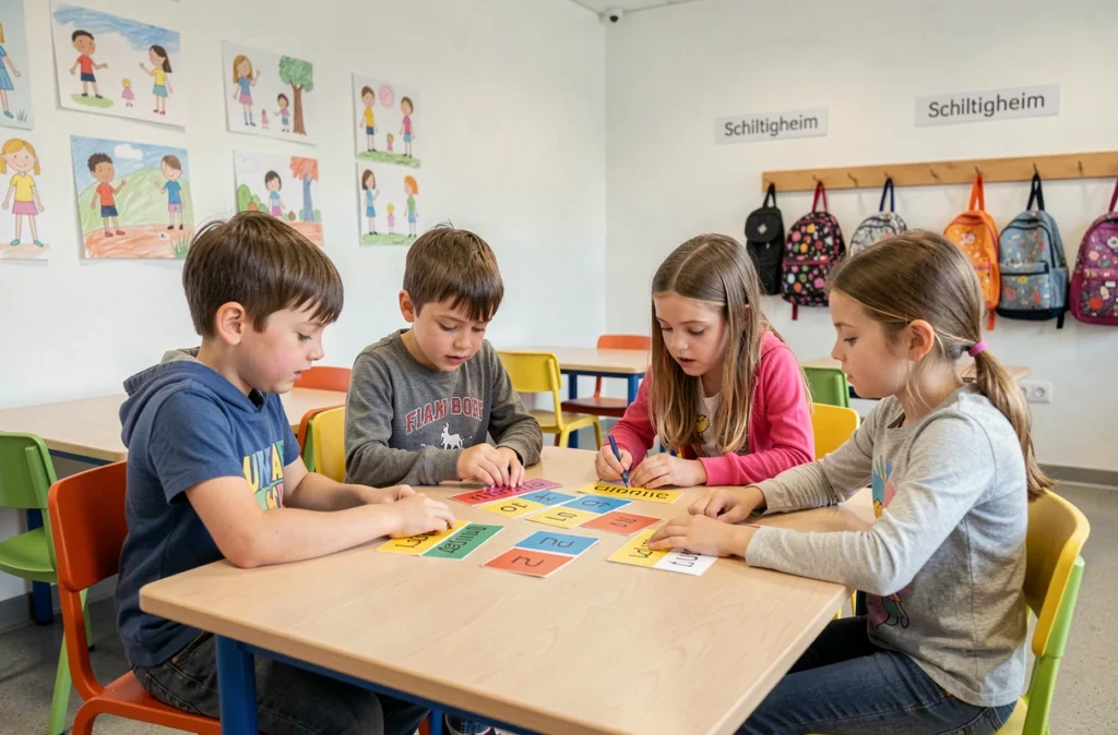 Des élèves de l'école primaire Exen Schweitzer à Schiltigheim travaillant ensemble sur des cartes de vocabulaire bilingues