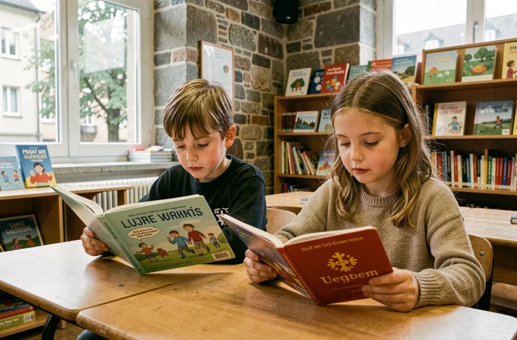 Deux élèves de l'école primaire Musau à Strasbourg lisant des livres en français et en allemand côte à côte