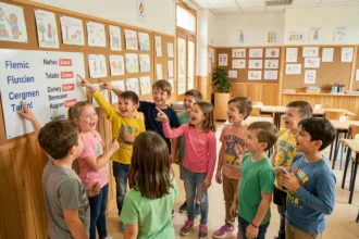 Des élèves d'une école bilingue du Grand Est autour d'un tableau affichant des mots en français et en allemand