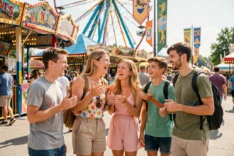 Famille souriante dans la file d'attente d'un parc d'attractions près de Lyon par une journée ensoleillée