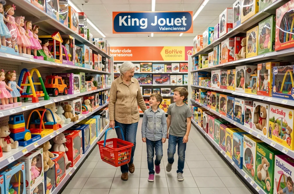 Grand-mère et petits-enfants parcourant les rayons du King Jouet de Valenciennes à la recherche de jouets abordables